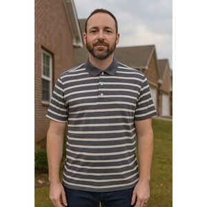 Banana Republic Vintage Polo Shirt Men's M Gray White Striped Short Sleeve Casua